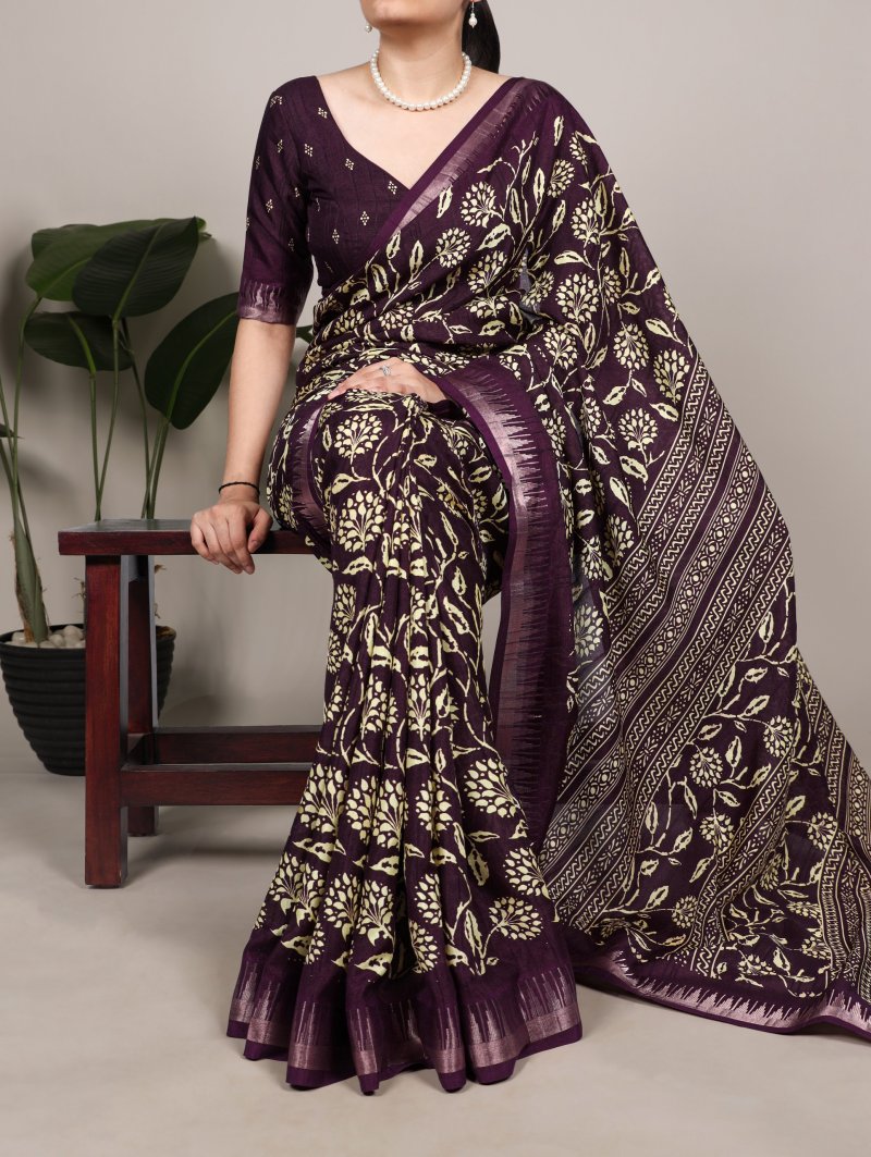 Ynf7214 Slub Silk Floral Printed With Zari Border Saree